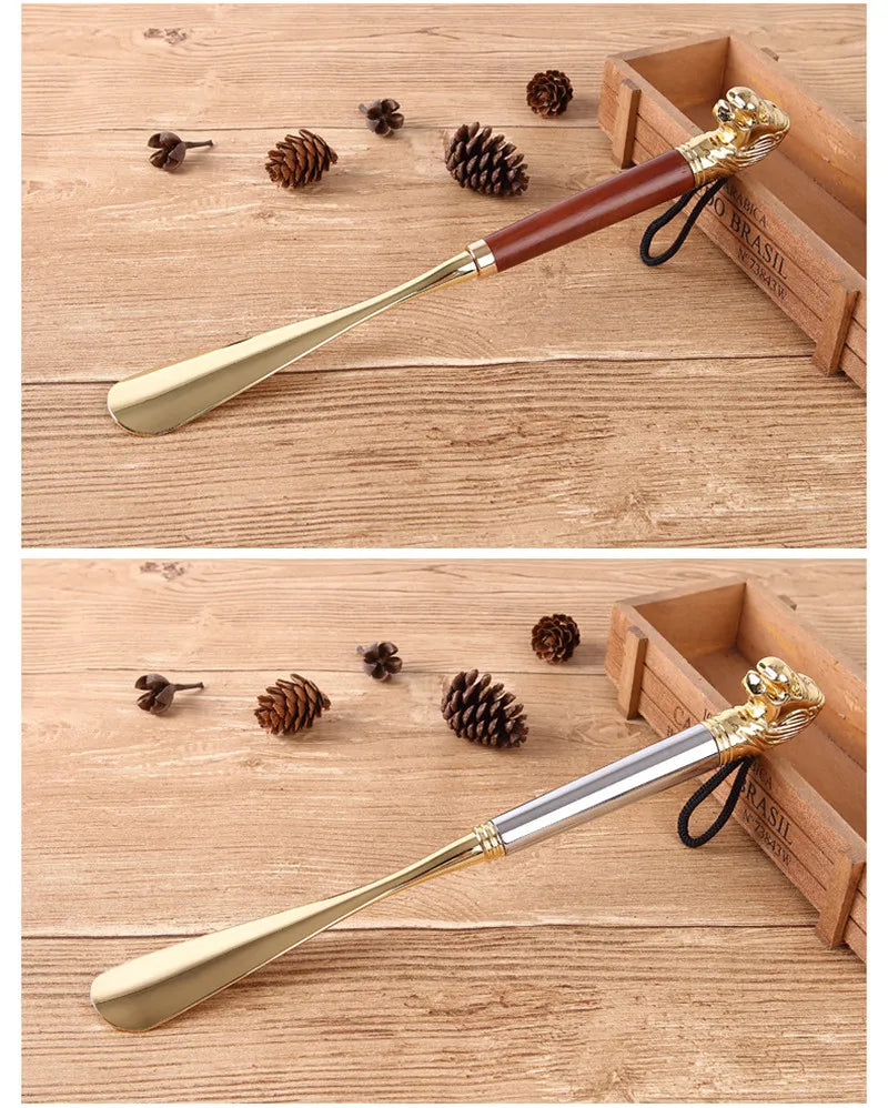 High-quality Delicate Lion Horse Head Metal Shoe Horn Luxury Shoe Pull-on Non-bending Alloy Solid Wood Shoes Pull-on Apparatus