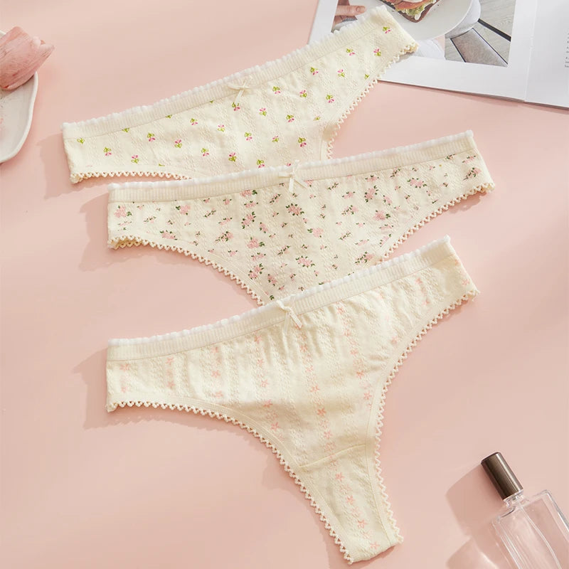3pcs Fashion Cute Print Panties For Women Thongs Cotton Spring Summer Soft Lingeries Sexy Hot Bow Women'S Thong