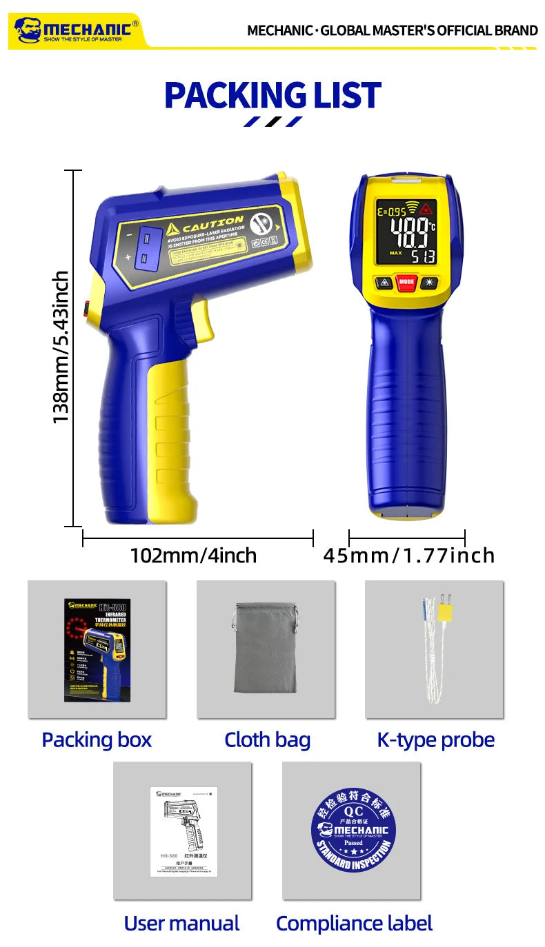 MECHANIC Industrial Thermometer Non-Contact High-Precision -50°C~580°C 13-Point Laser Targeting LCD Digital Temperature Meter