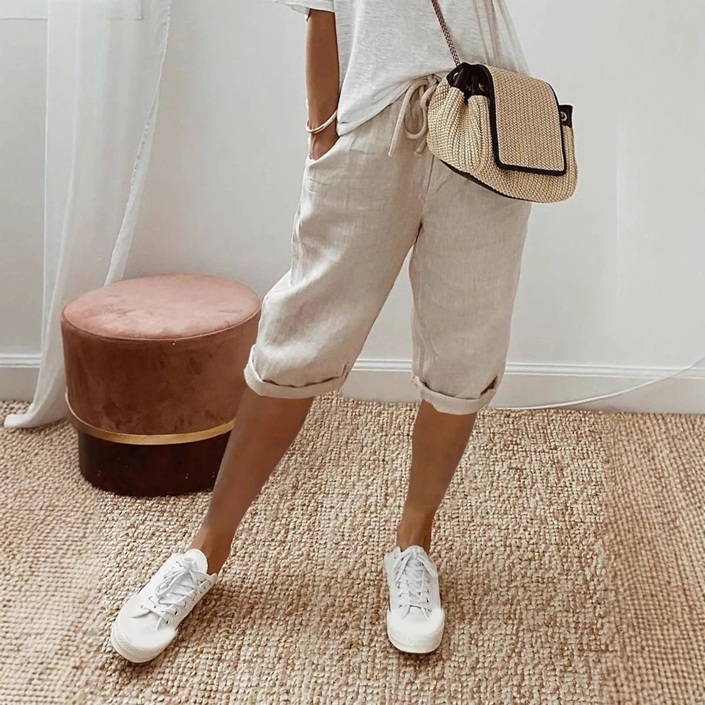 Spring Summer Women's Cotton Linen Trousers Pants Solid Elastic Waist Oversized Pants Women Straight White Homewear Trousers 3XL