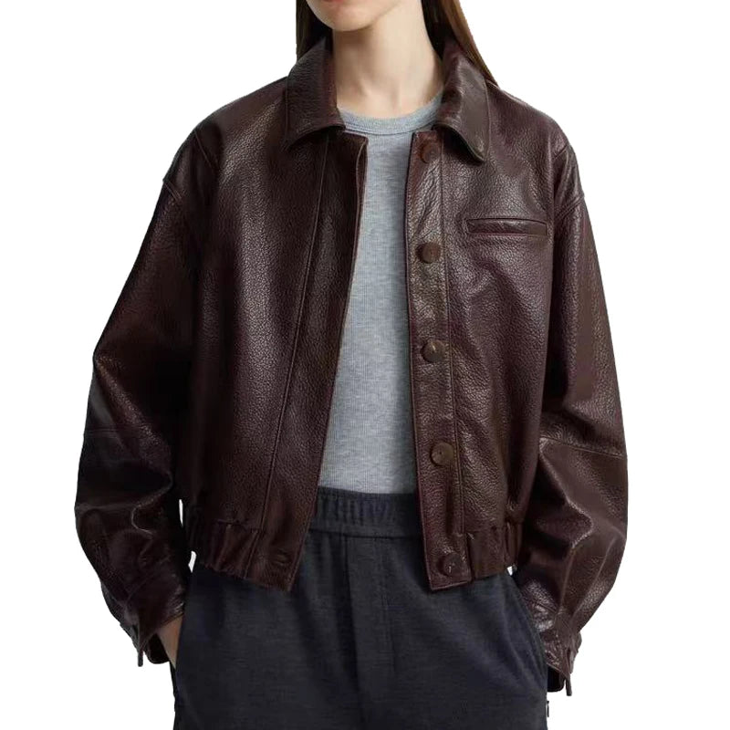 Retro Leather Bomber Jackets for Women Genuine Foam Leather Bubble Texture Short Coat Female Square-Cut Lapel Slim Fit Chaquetas