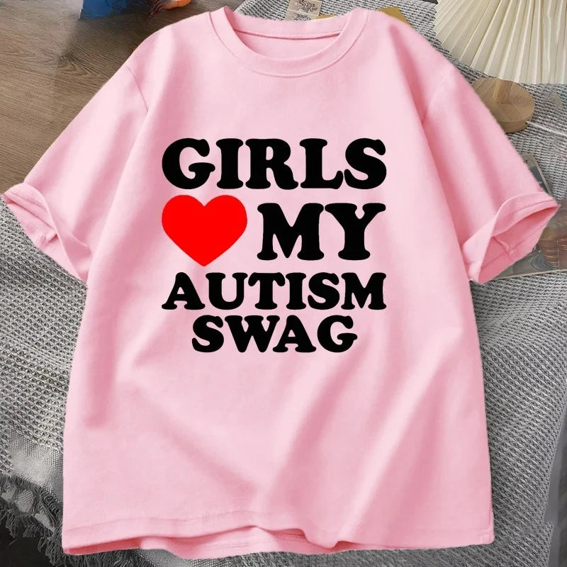 Girls Boys Love My Autism Swag T Shirt Women Men Funny Autistic Girls Awareness Idea T-Shirt Couple Lover Short Sleeve Tees