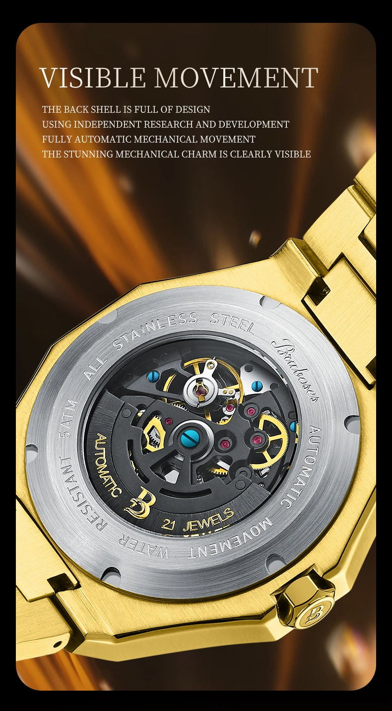 Men Automatic Mechanical Watch 5ATM Waterproof Wristwatch BRUBOSES Stainless Steel Sapphire Crystal Clock Relogio Masculino 2025