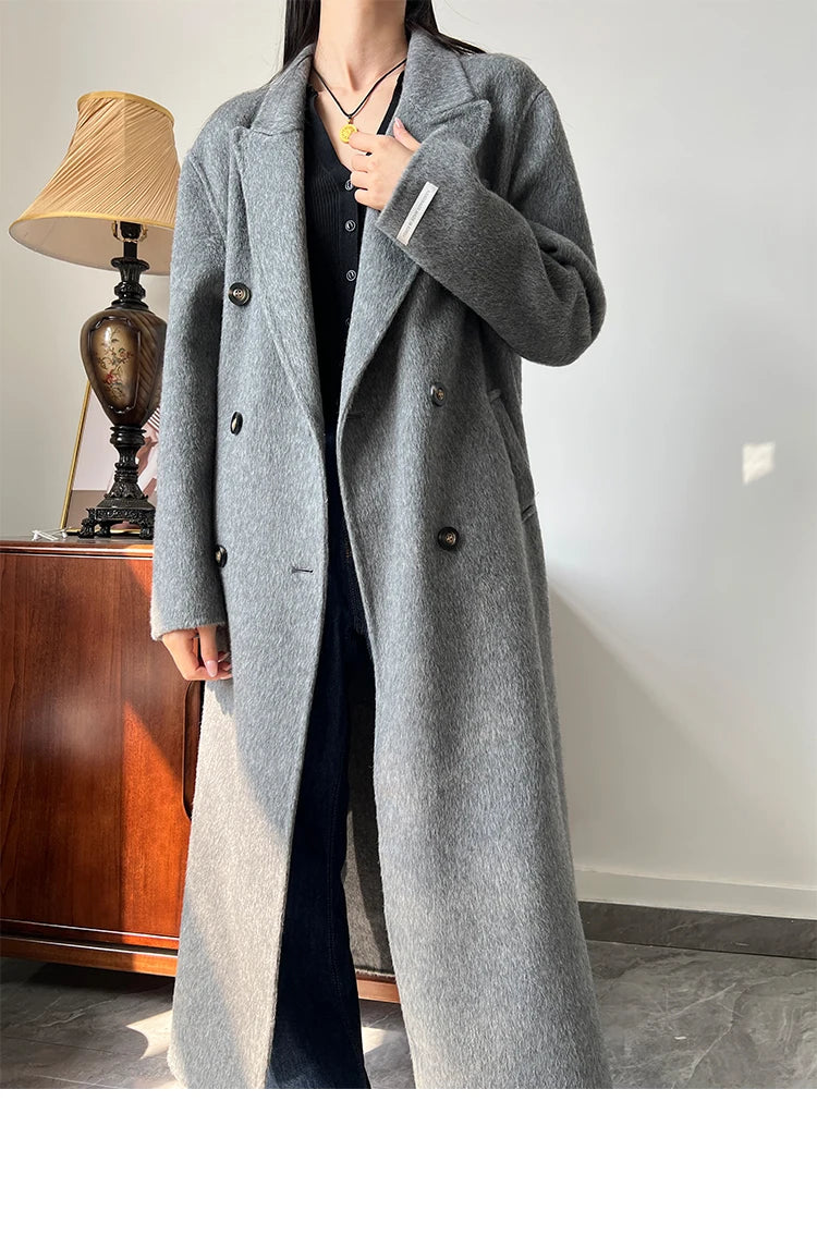 Office Lady Woolen Jackets 2024 Autumn And Winter Suit Collar Double Breasted Warmer Yak Hair Loose Long Women's Wool Coats