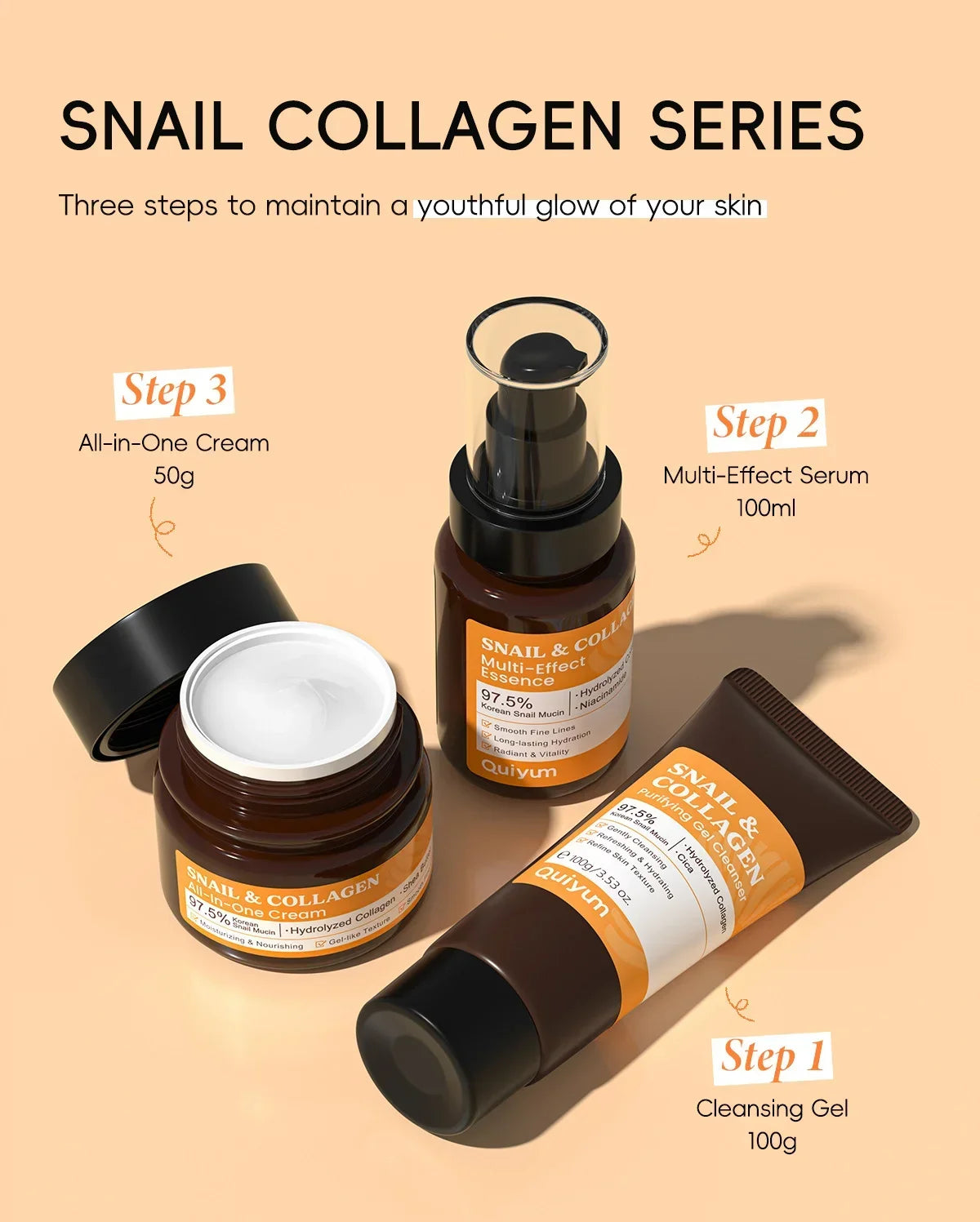 Quiyum 3 Step Set 97.5% Snail Mucin Collagen Hydrating Glowing Skin Korean Skincare