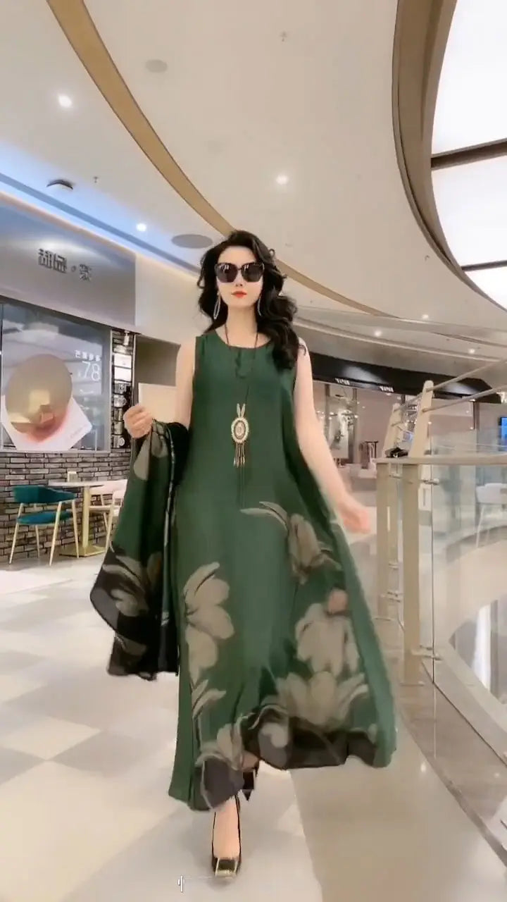 Authentic Silk Dress for Mother, Silkworm Loose Dress, High-End Print, 2-Piece Dress, Women's Dresses, Spring, Summer, New, 2023