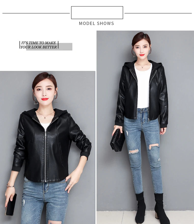 New Women Casual Leather Jacket Spring Autumn Fashion Hooded Zipper Split Leather Loose Outerwear Short Sheepskin Tops Coat