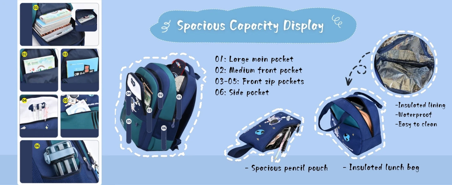 Boy Backpack Schoolbag for Boys Girls, School Bags, Waterproof Kids Bookbag Backpacks with Lunch Box Pencil Case Set