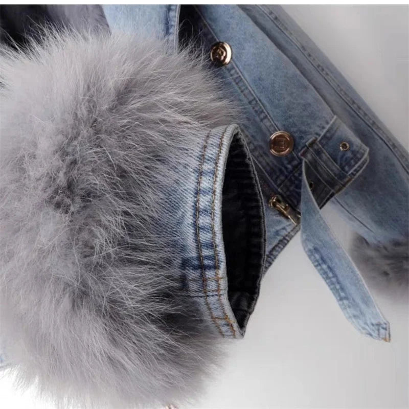 Winter Denim Jacket With Women's Fleece Warm Cowboy Coat New Detachable Imitation Fox Rabbit Fur Inner liner Short Denim Jacket