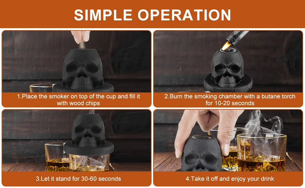 Ceramics Whiskey Smoker Kit Skull-Shaped Smoke Infuser Old Fashioned Cocktail Smoker Kit With Fruity Wood Chips Kitchen Bar Tool