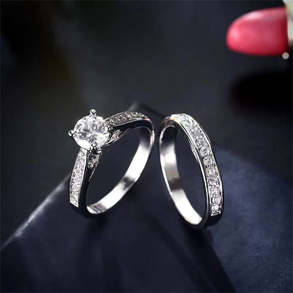 925 Sterling Silver Ring Inlaid With Crystal Zircon Fashionable Couple Double Layer Ring, Wedding Party Gift Jewelry