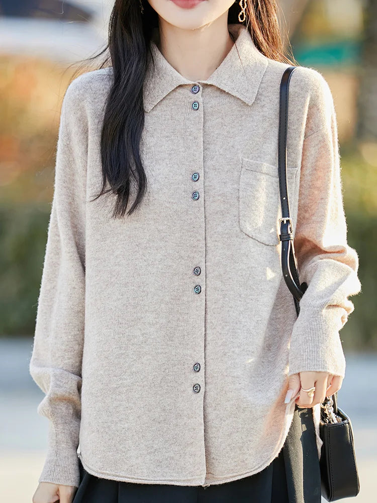 POLO Collar Wool Sweater 100 Pure Wool Spring And Autumn New Knitted Women Loose And Slimming Cardigan ZA682