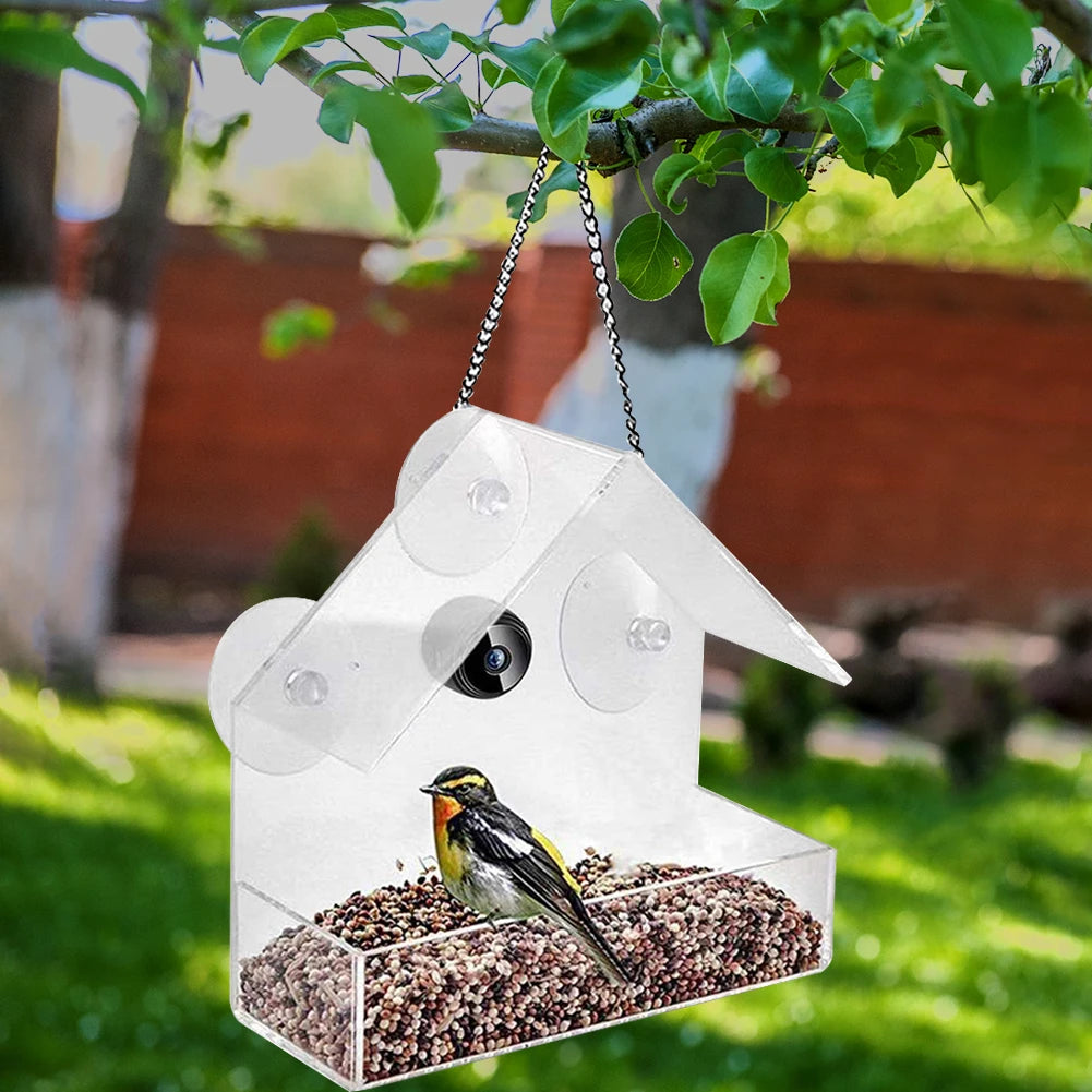 Smart Birds Hanging Feeder Acrylic with Camera Feeding House Transparent 1080P HD Easy Installation for Outdoor Garden