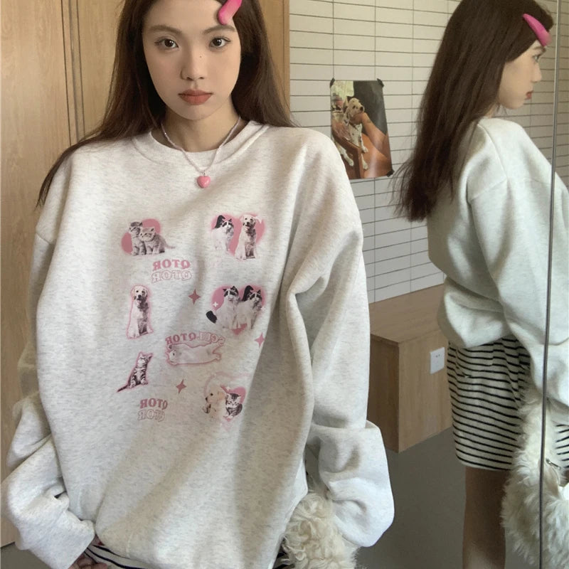 KOSAHIKI Cute Hoodies Women Letter Dog Print Sudaderas Mujer O-neck Sweatshirt Harajuku Streetwear Y2k Pullover Moletom Feminino