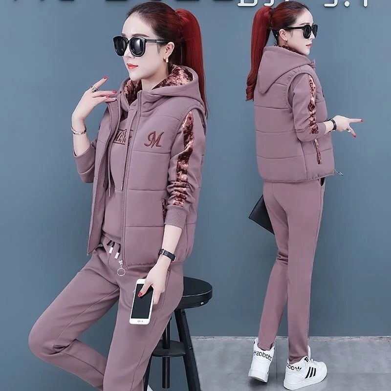 Women's Casual Sweat Suit 2025 Autumn Winter New Fashion Plush Thickened Hooded Tops Waistcoat Pants 3 Three Piece Set For Women
