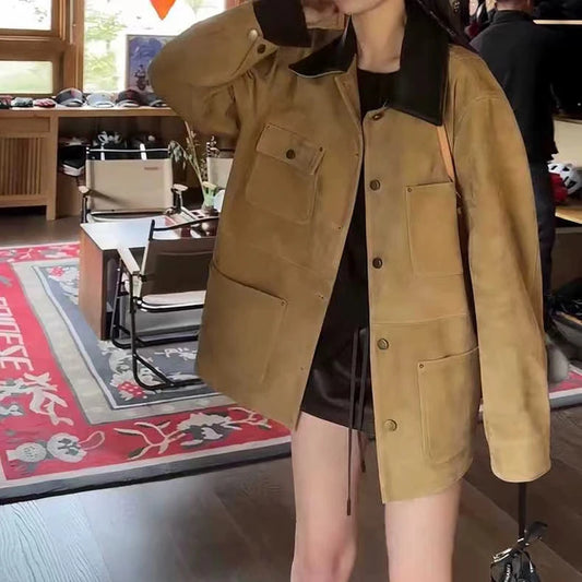 Retro Imported Mixed Sheep Suede Leather Jackets for Women 2025 Trendy Soft Kid Suede Medium Long Outwears Female Trench Coat