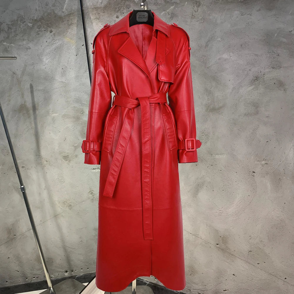 Leather Coat Orange Long Ladies Real Sheepskin Coat Genuine Sheep Leather Windbreak Long 21018