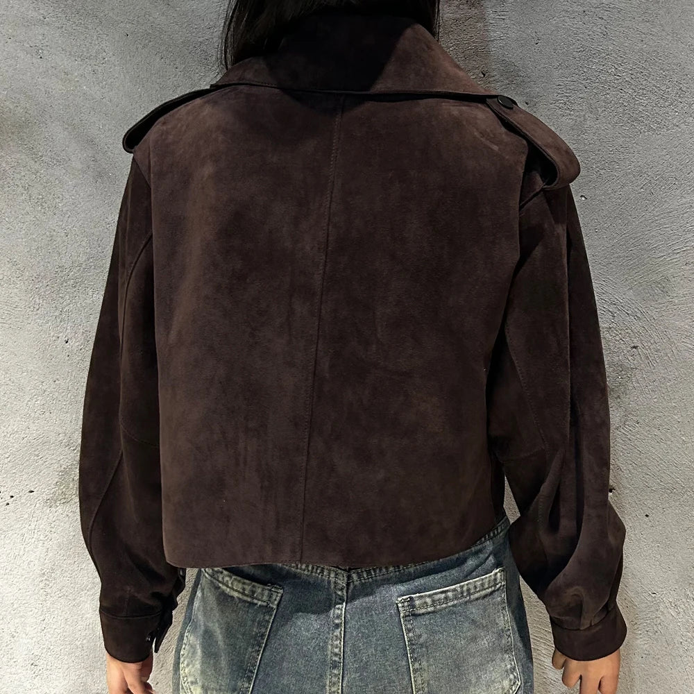 Oversized Brown Suede Women Jacket Real Sheepskin Leather Coat 2026 Loose Outwear
