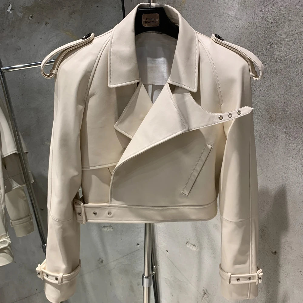 Embossed Leather Jacket Women Winter Genuine Sheep Leather Coat Wide Shoulder and Paddad 23012