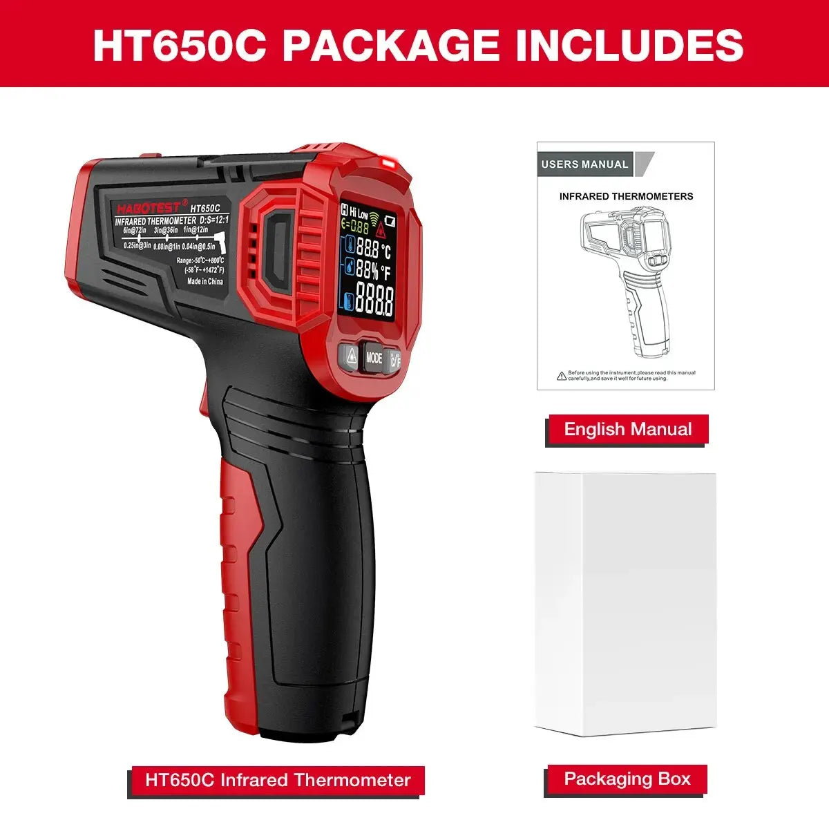 HABOTEST HT650 Digital Infrared Thermometer-50~380/550/800 Laser Non-Contact Pizza BBQ Grill Engine Industry IR Thermometer Gun