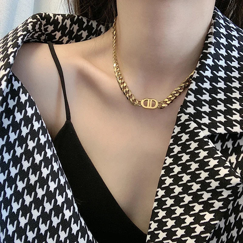 1 Stylish Double D Chain Stainless Steel Necklace and Bracelet Set, Unisex Style, High-end Elegant Party Celebration Accessories