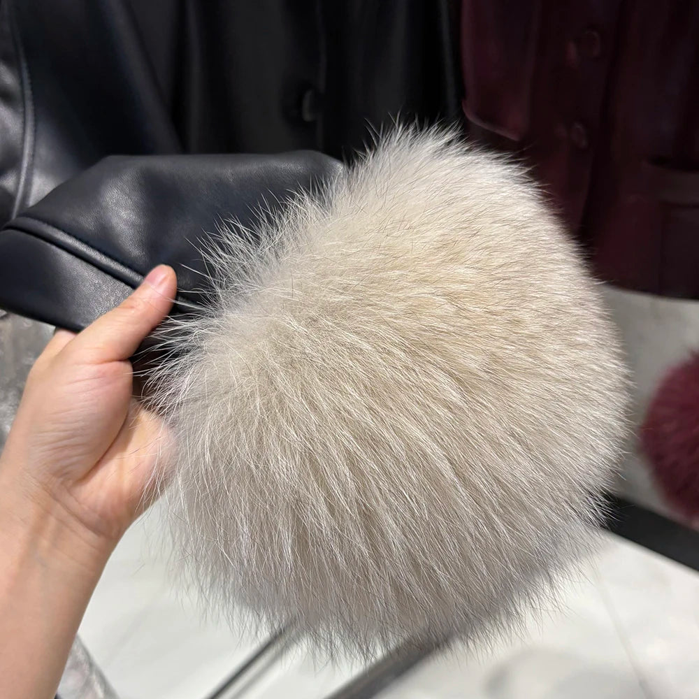 YOLOAgain Women's Mongolia Sheep Fur Collar Real Leather Jacket Single Breasted