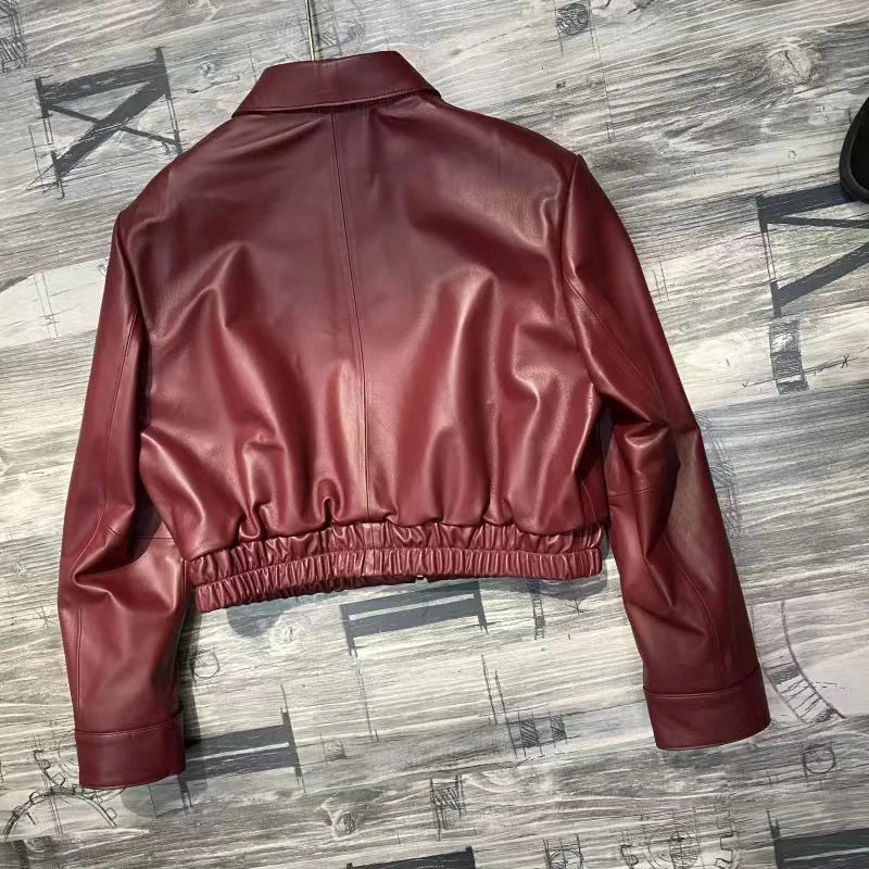 European 2025 New Fashion Short Leather Jacket For Women Casual Elastic Band Waist Top Clothing Mujer Varsity Claret Veste
