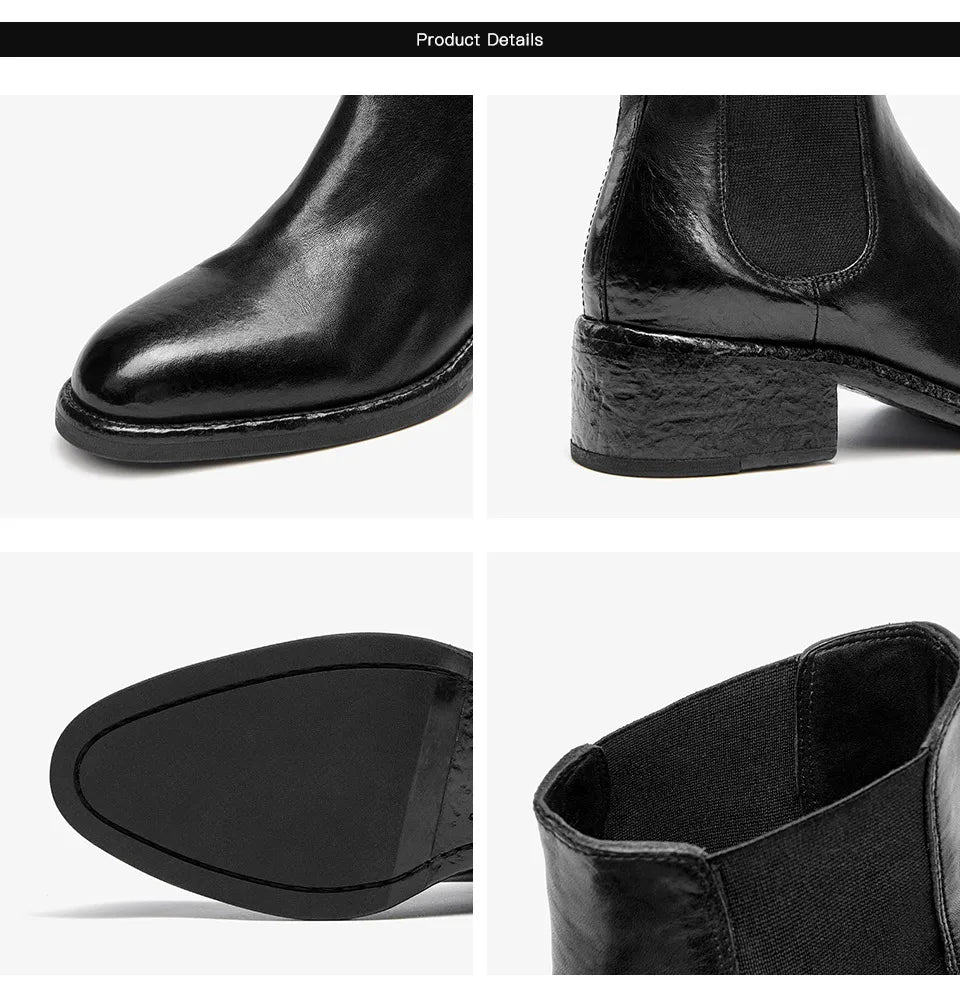 BEAUTODAY Ankle Boots Women Genuine Horse Leather Chelsea Booties Round Toe Elastic Band Vintage Ladies Shoes Handmade 03D64
