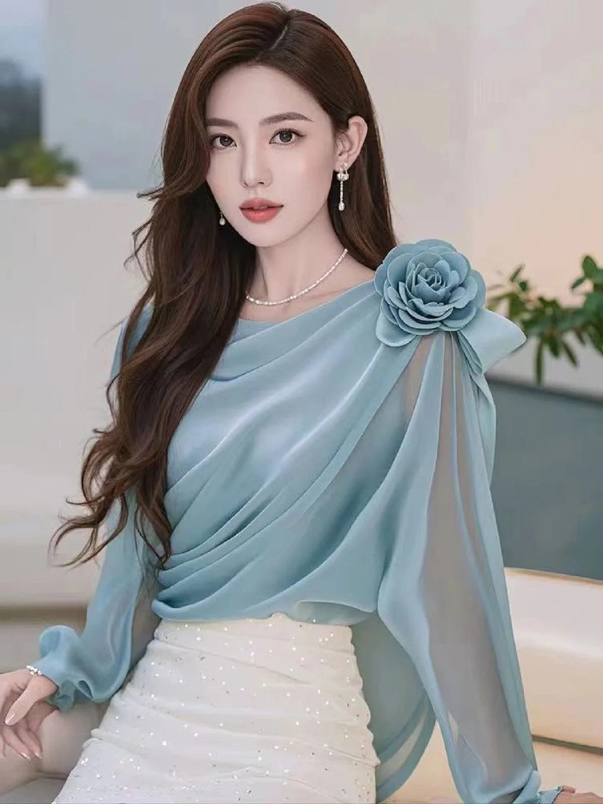 Women tops  Summer Halter Floral Appliques long sleeve  Work Shirts Blouses korean fashion  female  Dressy Casual clothing