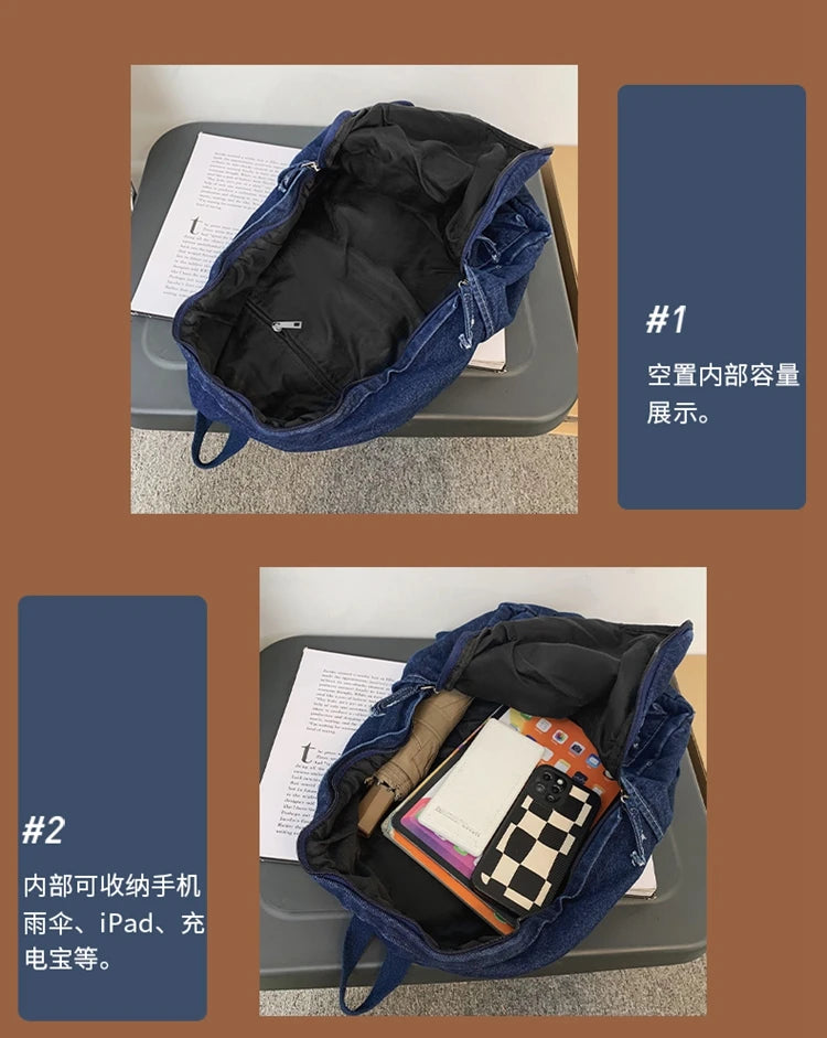 100% Cotton School Bags Solid Black Canvas Casual Backpacks Unisex Large Capacity Denim Satchels Soft Cloth Travel Packages