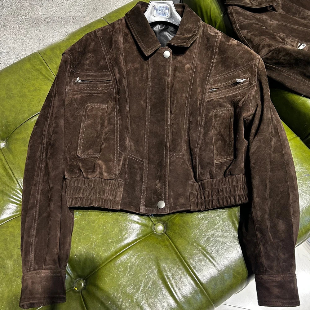 GBY Brown Suede Leather Jacket Cropped Genuine Soft Sheep Jacket 2025 Woman Jackets