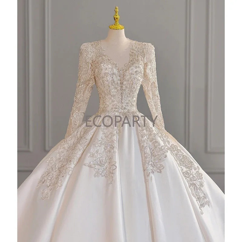 Wedding Dress Long Sleeve Heavy Industry 2023 New Bride V-Neck Satin High Quality Palace Main Wedding Dress French Wedding Dress