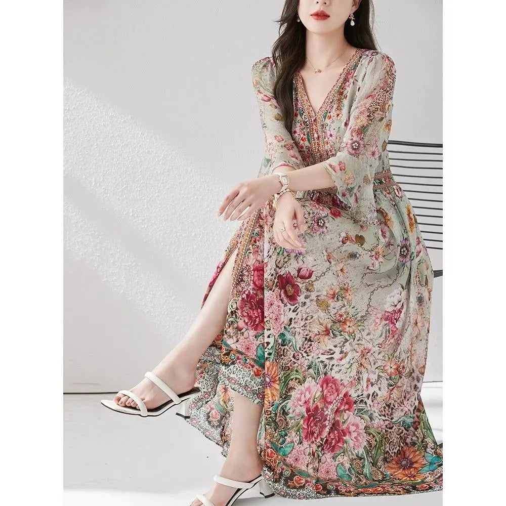Green Silk Dress for Women in the Summer of 2026 Luxurious High-end Exquisite and Elegant Temperament Mulberry Silk Vacation WLF
