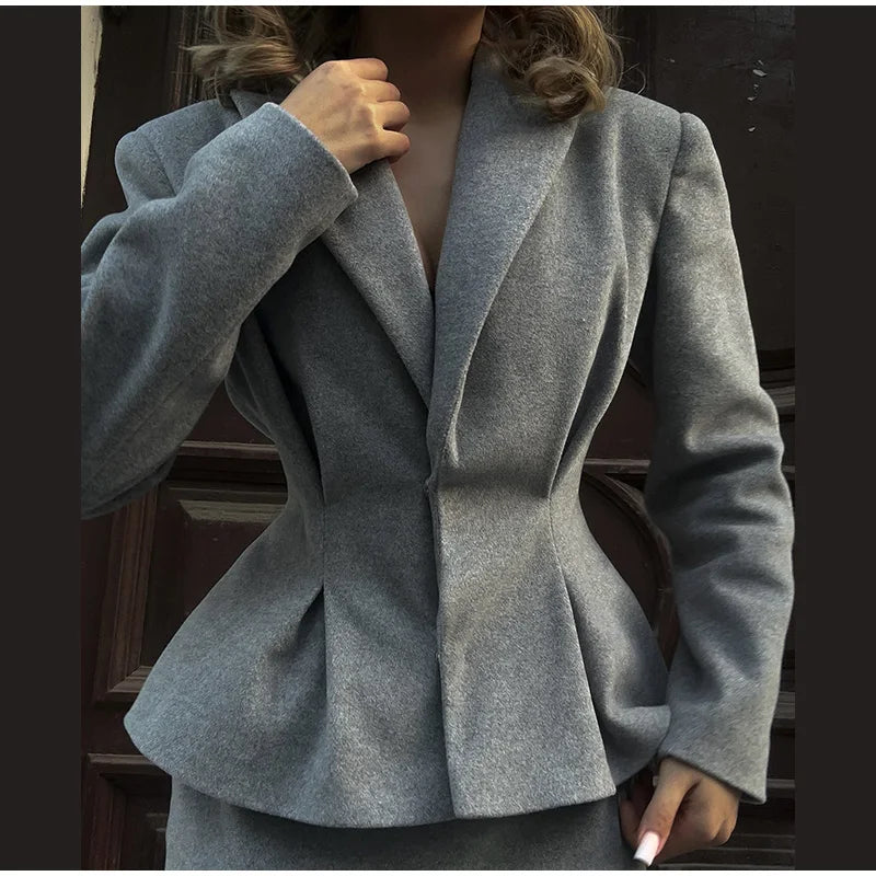 Elegant Women Solid Woolen Blazer Coat Skirt Suits Fashion Lapel Long Sleeves Overcoat Slim Hip Package Long Skirts Lady Outfits