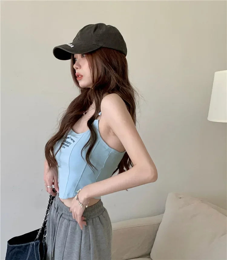 Women Summer Tops Sexy Camisole Square Collar Tank Top Y2k Slveless Female Crop Tops With Pad Fashion Vest Embroidery Letter