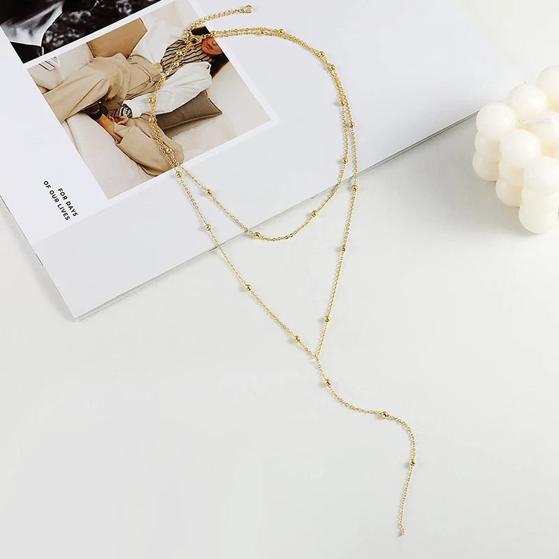 Dainty Long Necklace 14k Gold Plated Y-Shaped Pendant Necklace Trendy Layered Cz Beaded Necklaces Stainless Steel Jewelry