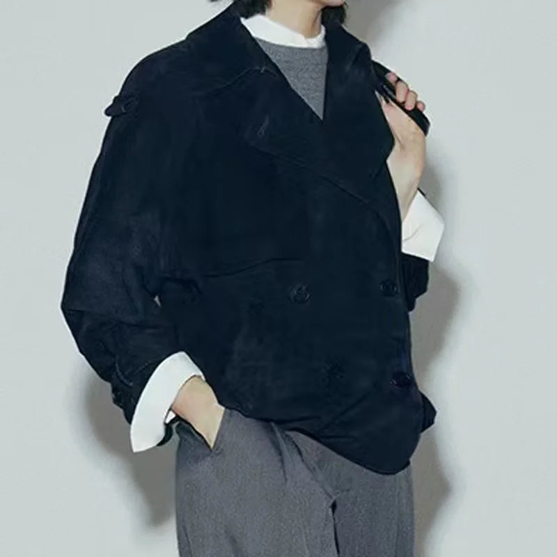 Kid Suede Leather Jacket for Women Branded New 2025 Old Money Double Breasted Short  Jacket Femme Big Lapel Epaulet Trench Coat