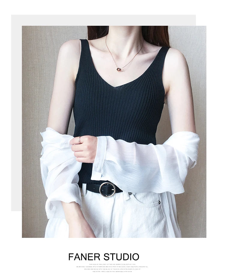 Summer Casual Tank Top Women Sleeveless Knitted T-Shirts Female Elastic Slim Vests Crop Tops Tanks & Camis Pullover Shirts