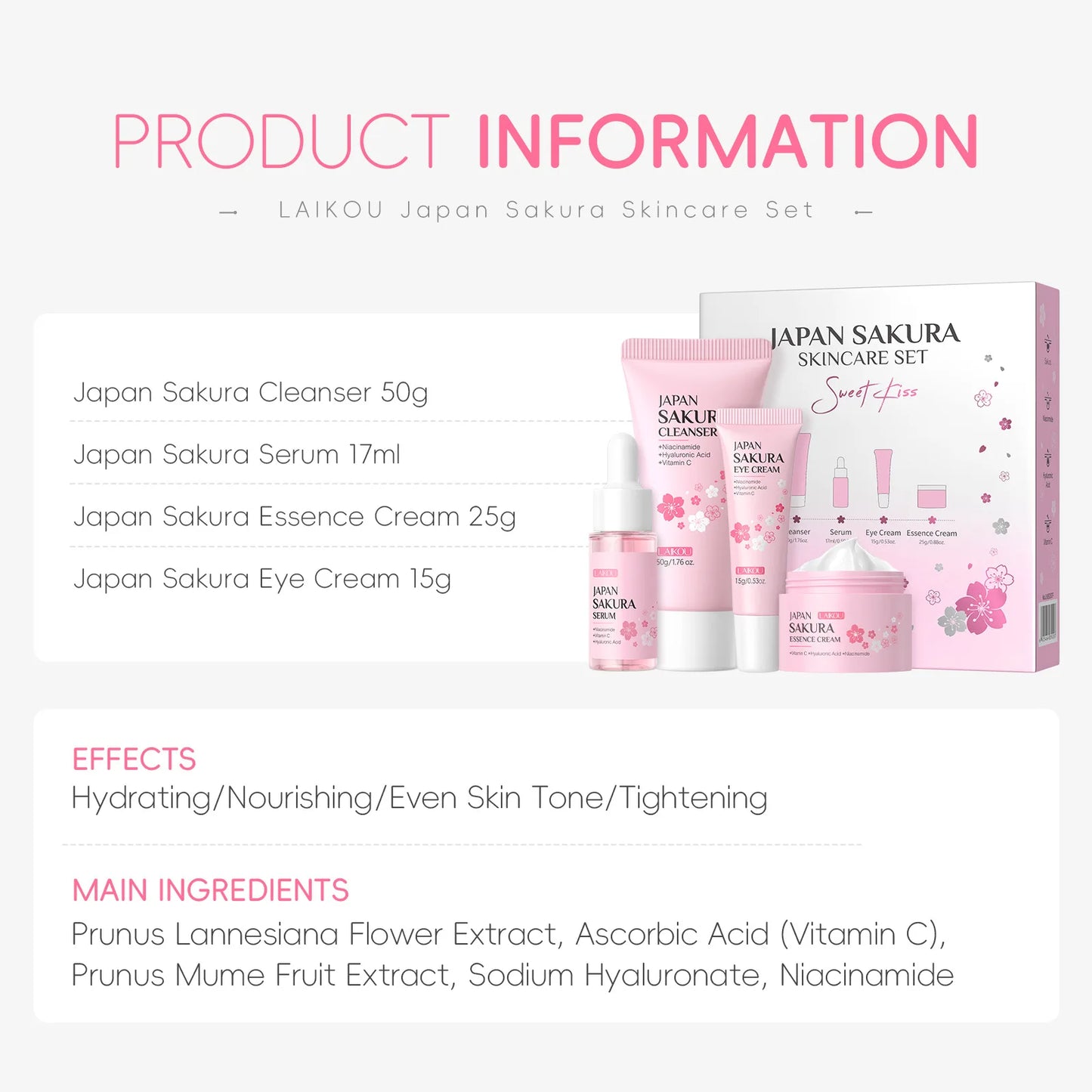 Japan Sakura Skincare Set 4pcs Hydrating Tightening Cleanser Serum Essence Cream Eye Treatment Soften Clean Skin Beauty