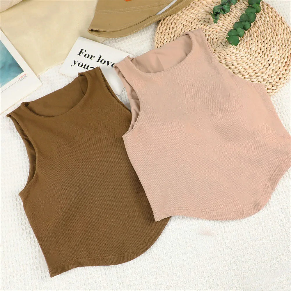 Summer Women Tank Tops Solid Color Camisole with padded Bra sexy Off Shoulder O Neck Elastic Tank Top Casual Sport Vest