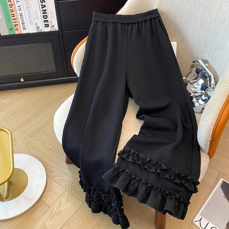 Women Black Pants Autumn Fashion Loose Casual Edible Tree Fungus Wide Leg Trouser Elegant High Waist Chic Office Lady Pants New