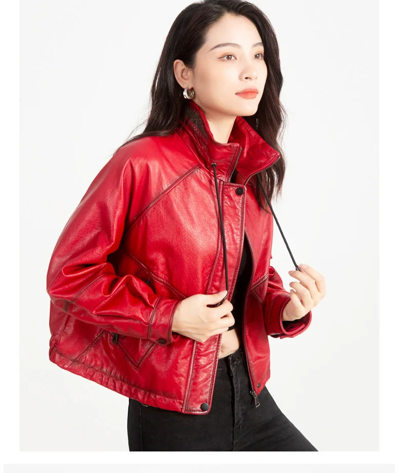 Oil Wax Sheepskin Coats for Women Winter 2024 Green/Blue/Red/Black Fahion Loose Slim Motorcycle Zipper Short Leather Jacket