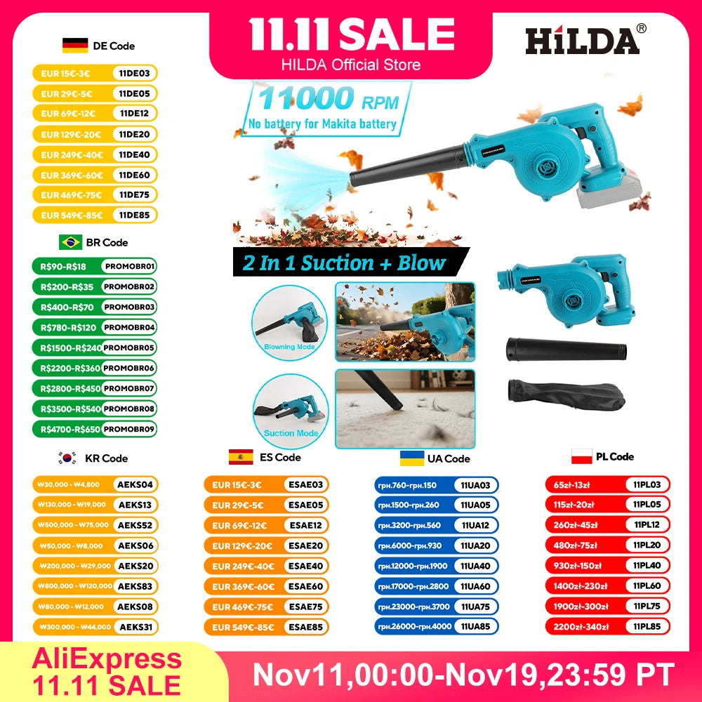 HILDA Cordless Electric Blower Blue Turbo 2-in-1 Blowing And Suction Machine Handheld Leaf Vacuum Cleaner For Makita 18V Battery