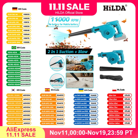 HILDA Cordless Electric Blower Blue Turbo 2-in-1 Blowing And Suction Machine Handheld Leaf Vacuum Cleaner For Makita 18V Battery