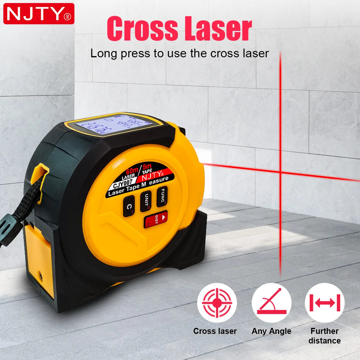 3-in-1 Laser Tape Measure British 60m/196ft  40m/131ft Laser Distance Meter Cross Laser Level Belt Buckle Design Self-lock Tools