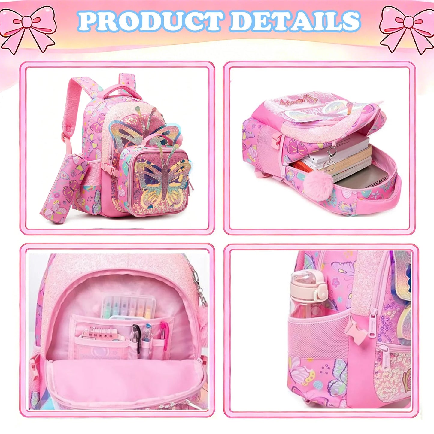 Cute School Backpack for Girls Children Shoulder Bag with Insulated Lunch Box Casual Daypack for Students Back To School Gift