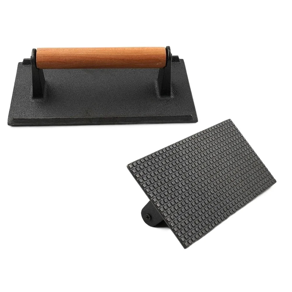 Cast Iron Meat Press Board Heavy-Duty Flat Top Steak Burger Press Wooden Handle Round Rectangular Grill Hamburger Grinder
