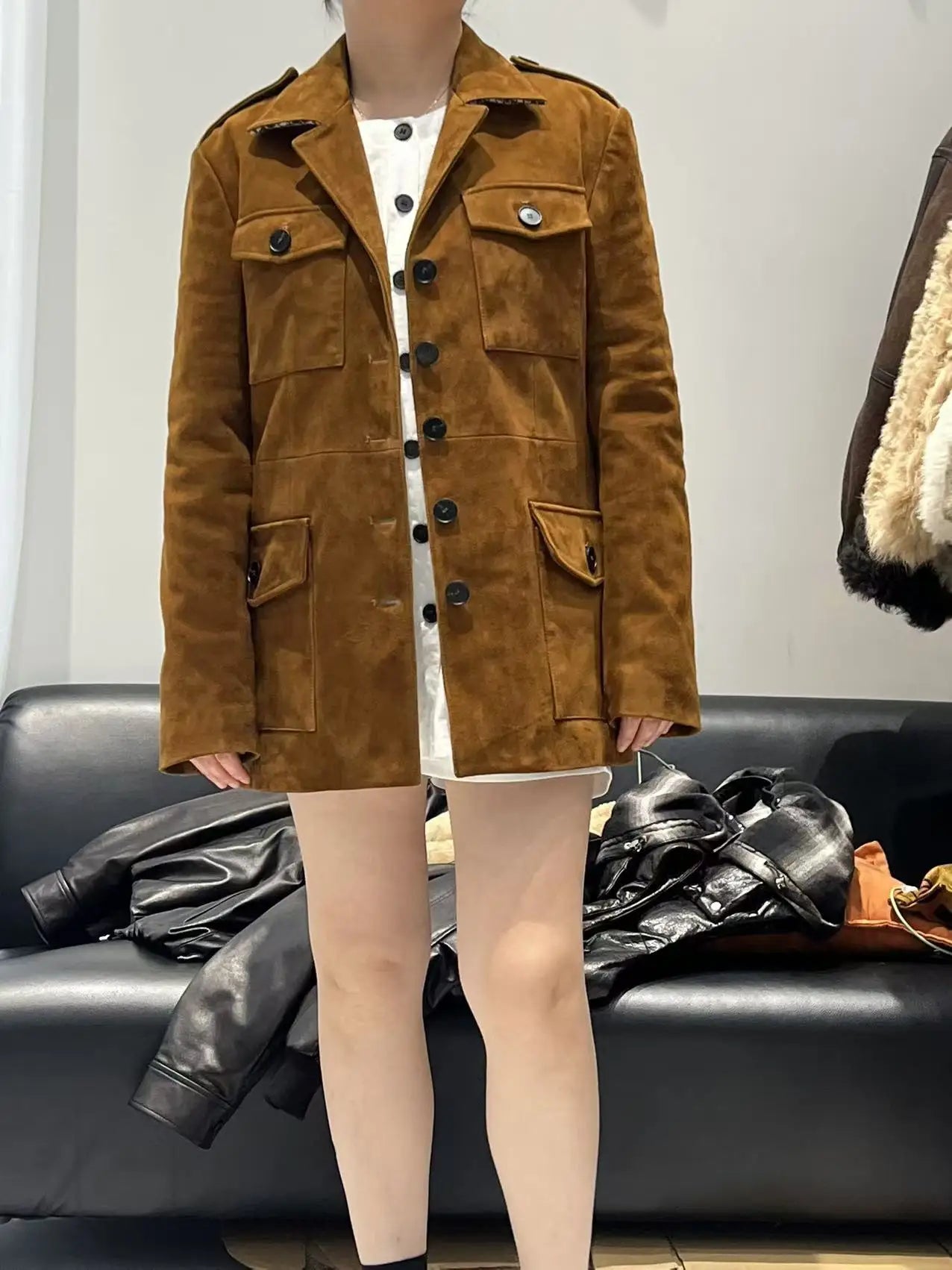 Luxury High-end Kid Suede Leather Jacket for Women Winter Pockets Slimming Coat Filled With Mulberry Silk Deep Coffee Warm Veste