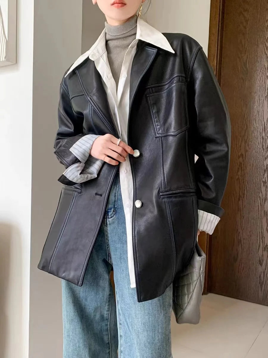 2025 Autumn Women's Oversized Real Leather Jacket Female 100% Sheepskin Retro Brown Broad Shoulder Suit Coat Streetwear Blazer