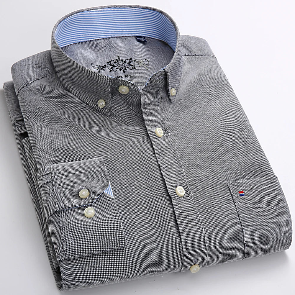 Men's Fashion Long Sleeve Oxford Work Shirt Single Patch Pocket Simple Design Embroidered Regular-fit Casual Button-down Shirts
